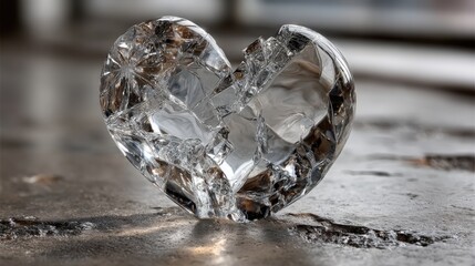 Poster - A heart-shaped crystal piece lies shattered on a rough surface. Its facets catch light, creating interesting reflections. The setting appears modern and elegant, adding contrast to the broken piece.