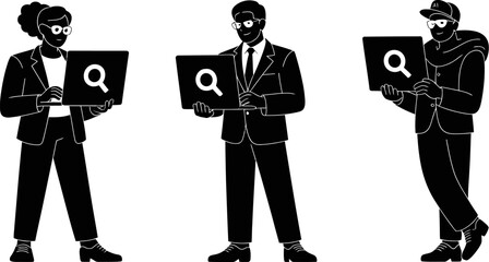Fototapete - Searching online people using laptop for web search seo optimization and digital marketing strategy editable stock vector illustration