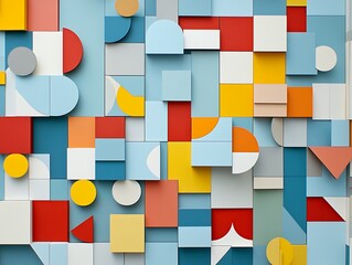 Poster - Abstract composition with 3d geometric shapes in varied pastel color palette