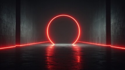 Poster - A vibrant red neon circle stretches against the dark walls of a corridor, creating a striking contrast. The glowing lines reflect on the floor, enhancing the atmospheric setting.
