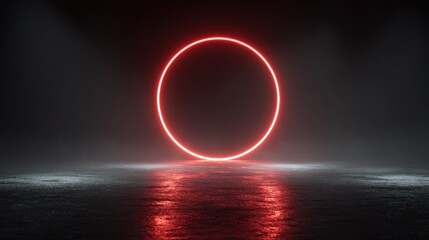 Poster - A vibrant red neon circle illuminates a dimly lit space filled with mist. The reflective surface enhances the dramatic effect, creating an otherworldly ambiance during nighttime.