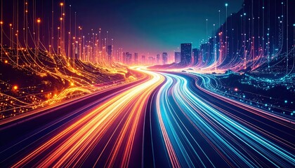 Poster - Glowing Data Streams Flowing Through Abstract Digital Circuits