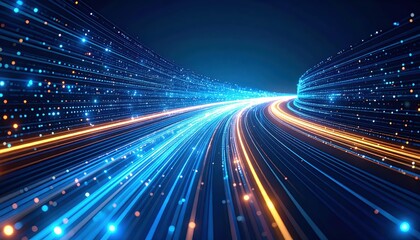 Poster - Abstract Digital Pathway of Glowing Data Streams Flowing Through Network