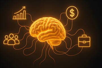 Poster - Illuminated Brain with Graphs, Dollar Sign, and Business Icons