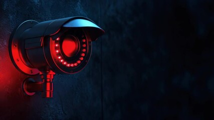 Poster - High-Tech Surveillance Camera with Red Lights on Dark Background for Security and Protection Concepts 4k video footage