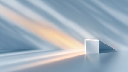 Poster - Angled White Cube on Blue Background with Light Rays