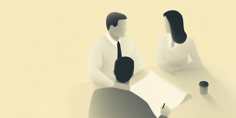 Poster - Three business professionals engaged in a collaborative meeting, discussing project plans with documents on the table, showcasing teamwork and strategic planning in a modern office environment