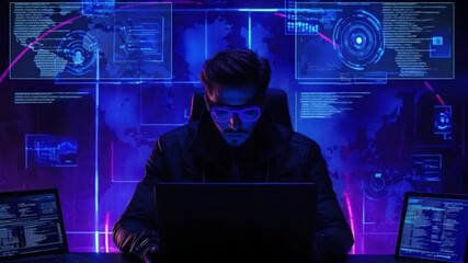 Poster - Cybersecurity Specialist Analyzing Data with Modern Technology in Futuristic Workspace 4k video footage