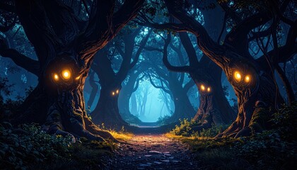 Poster - Enchanted Pathway Through a Forest of Ancient Sentient Trees