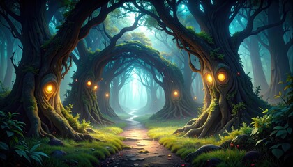 Poster - Hidden Pathway Through Forest of Ancient Trees with Glowing Eyes