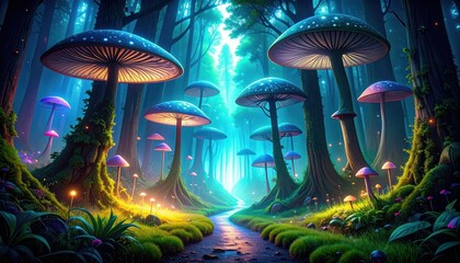 Poster - Enchanting Pathway through a Forest of Giant Glowing Mushrooms