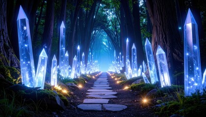Poster - Magical Pathway Through Forest of Glowing Crystals and Shimmering Light