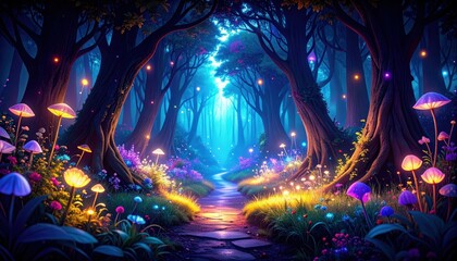 Poster - Magical Hidden Pathway Through a Mystical Forest of Glowing Flora