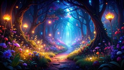 Poster - Magical Glowing Pathway Through Enchanted Forest of Alien Flora