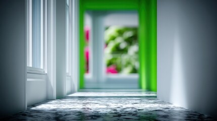 Poster - Bright Modern Corridor With Green Accents and Soft Lighting