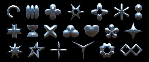 Poster - 3d y2k shapes. Abstract chrome star, silver flower for graphic design or retro future creative aluminum holograms, modern trendy art, metallic foil geometric elements. Vector decoration set
