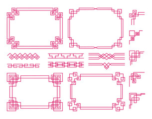 Poster - Chinese frame. Oriental asian, japanese decorative lattice, china ornament pink corner. Tradition shapes. Borders and curve dividers for graphic design, rectangle motif. Vector elements set