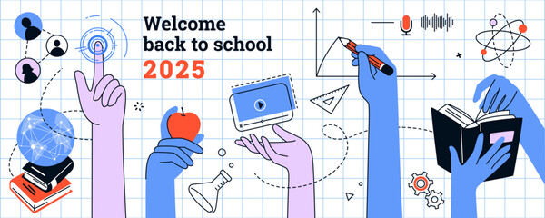 Poster - Online school. Training courses icon, online webinar or science lessons, hands hold books, banner deign. Abstract background knowledge symbols, university study. Vector poster students welcome