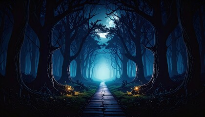 Poster - Pathway Leading into a Dark Mysterious Forest at Midnight