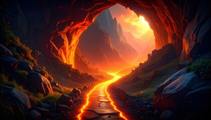 Poster - Mysterious Pathway Leading into Glowing Chasm of Unknown Depths