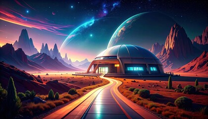 Poster - Futuristic Research Outpost Pathway on Another Planet Landscape