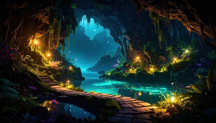 Poster - Enchanting Pathway to Hidden Grotto with Bioluminescent Pool