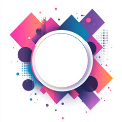 Fototapete - An abstract background featuring a prominent circle surrounded by overlapping pink, blue, and purple geometric shapes and subtle dotted patterns.