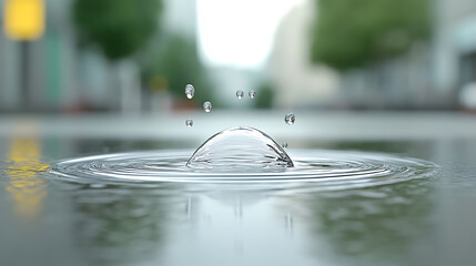 Poster - A close-up of a water droplet creating ripples in a shallow puddle, reflecting natural surroundings in a serene urban setting.
