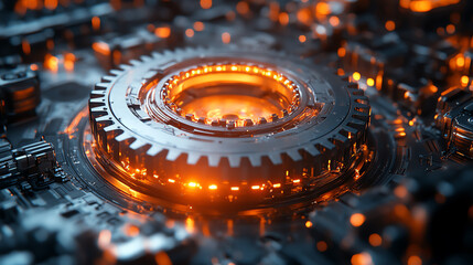 Poster - A close-up of an intricate gear mechanism with glowing orange lights, showcasing the beauty of technology and engineering.