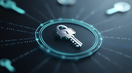 Poster - A digital key symbolizing security and encryption, surrounded by a network of connections representing cybersecurity.