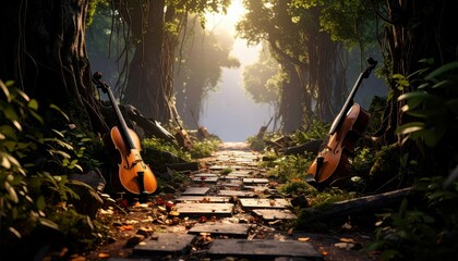 Poster - Enchanted Pathway of Broken Musical Instruments in a Lost Melody Forest