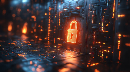 Poster - A futuristic digital lock on a cybernetic background representing security and protection in the digital age.