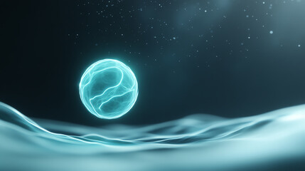 Poster - A glowing blue sphere floats above a calm, abstract background, symbolizing technology and the essence of life in the universe.
