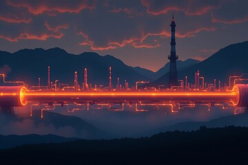 Poster - a silhouette of a futuristic pipeline with glowing energy flow, emphasizing shape over detail.