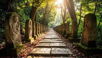 Poster - Mysterious Pathway of Carved Stone Figures with Ancient Symbols
