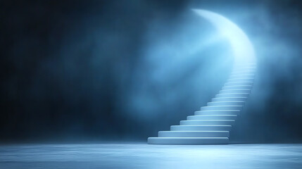 Poster - A mysterious staircase illuminated by soft blue light, symbolizing hope and ascension in a tranquil, ethereal atmosphere.