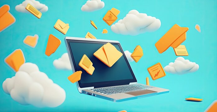 Laptop surrounded by emails and clouds