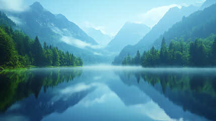 Poster - A serene mountain landscape with misty peaks reflecting in a calm lake, surrounded by lush greenery and blue sky.