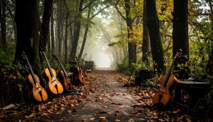Poster - Discarded Musical Instruments Lining a Pathway in Enchanted Forest
