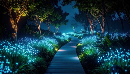 Poster - Glowing Bioluminescent Plants Pathway at Night with Lush Foliage