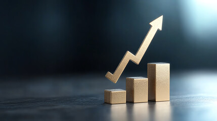 Aufkleber - A symbolic representation of growth in business, featuring wooden bars ascending with a directing arrow, set against a dark background.