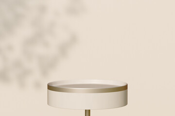 Poster - Minimalist empty beige round table under soft shadow on a plain wall. 3d rendering