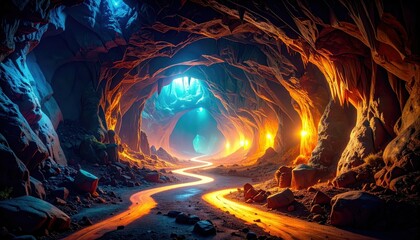 Poster - Pathway through Glowing Cave Formations in Vast Subterranean Cavern