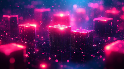 Aufkleber - A vibrant abstract representation of illuminated blocks, showcasing modern technology concepts in a colorful digital landscape.