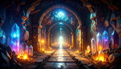 Poster - Mystical Pathway of Glowing Crystals in Deep Mine Shaft Light
