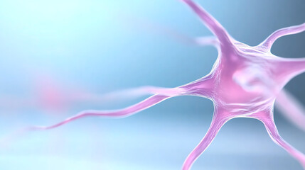 Poster - An abstract representation of a neuron highlighting its structure and connectivity in a vibrant pink hue against a soft blue backdrop.