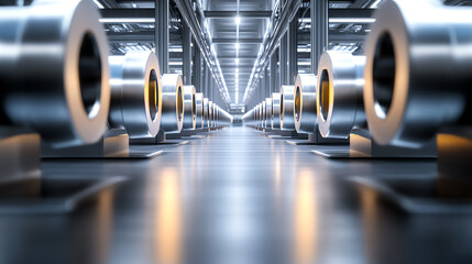 Aufkleber - An interior view of a modern factory featuring metallic components arranged in symmetry, showcasing industrial design and technology.