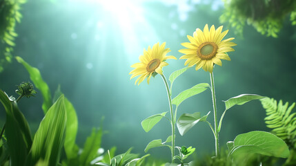 Aufkleber - Bright sunflowers emerge from lush greenery under soft sunlight, symbolizing joy and nature's beauty in a serene environment.