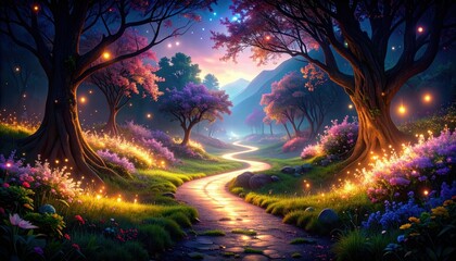 Poster - Ethereal Pathway of Glowing Particles Flowing Like a River at Dusk