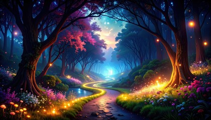 Poster - Ethereal Pathway of Glowing Particles Flowing Like a River at Dusk